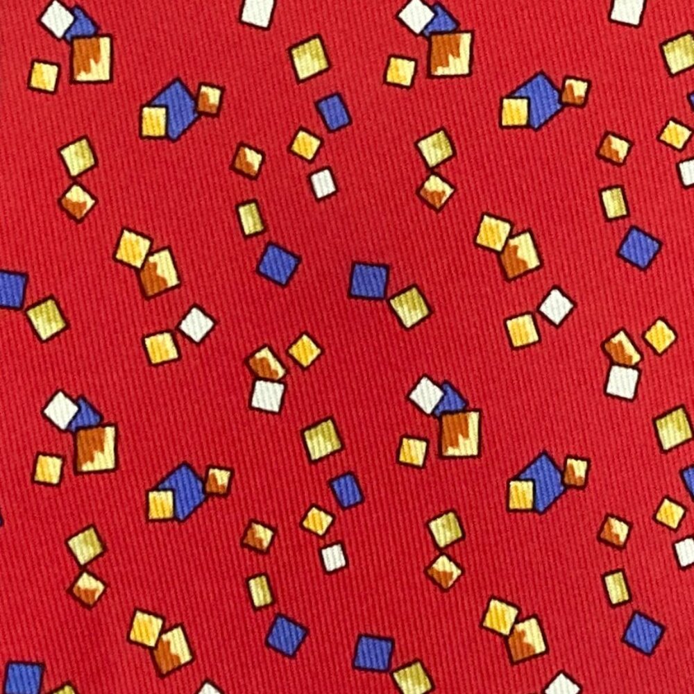 FUN HERMES NECKTIE - CHERRY RED w FUN BLUE GOLD WHITE MODERN ART CONFETTI XL